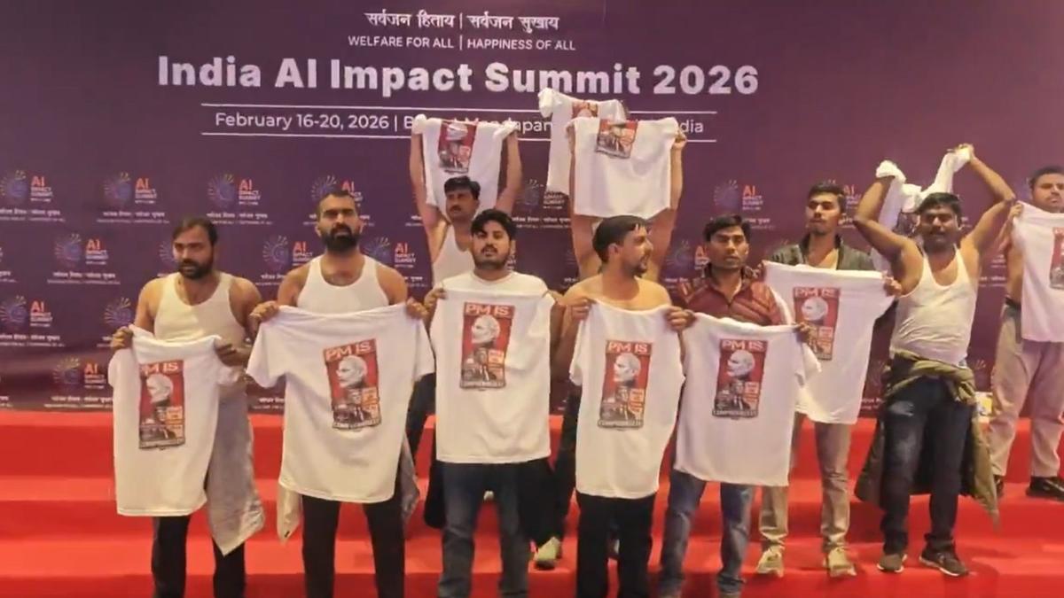 Image for 'Shirtless Youth Congress Protest Disrupts India AI Impact Summit At Bharat Mandapam, Opposition Targets Modi Government'